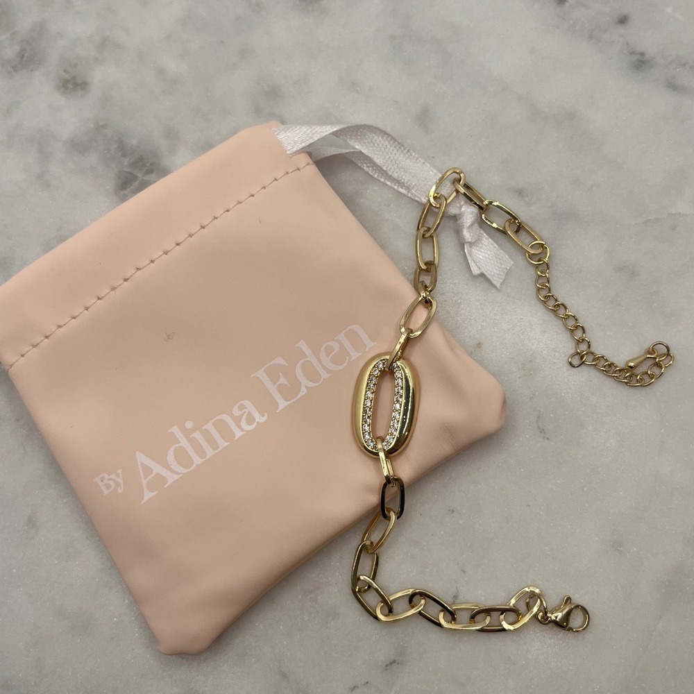 Dainty Paperclip Gold Bracelet Pave 14K Plated Adina Eden Oval Link New Jewelry